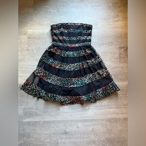 Betsey Johnson Strapless Floral Black Striped Tiered Mesh Lining Dress Size 12
